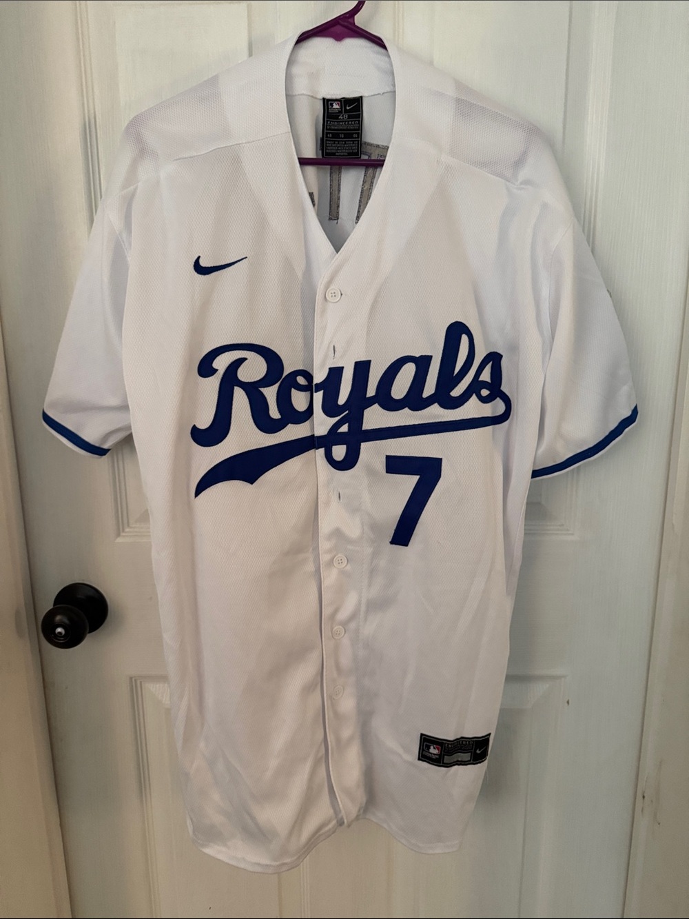 Nike White Royals Script Baseball Jersey with Blue Accents #7
